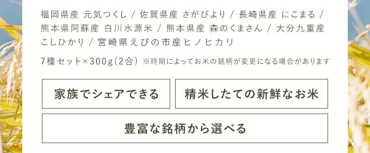 福岡県産「元気つくし」、佐賀県産「さがびより」、長崎県産「にこまる」、熊本県阿蘇産「白川水源米」、熊本県産「森のくまさん」、大分九重産「こしひかり」、宮崎県産えびの市産「ヒノヒカリ」7種セット×300g（2合）※時期によってお米の銘柄が変更になる場合があります。[家族でシェアできる][精米したての新鮮なお米][豊富な銘柄から選べる]