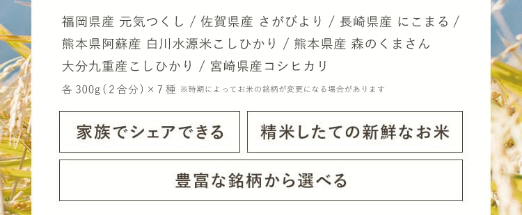 福岡県産「元気つくし」、佐賀県産「さがびより」、長崎県産「にこまる」、熊本県阿蘇産「白川水源米こしひかり」、熊本県産「森のくまさん」、大分九重産「こしひかり」、宮崎県産「コシヒカリ」7種セット×300g（2合）※時期によってお米の銘柄が変更になる場合があります。[家族でシェアできる][精米したての新鮮なお米][豊富な銘柄から選べる]