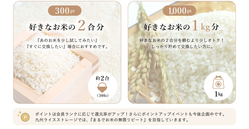 300pt 好きなお米の2合分 1000pt 好きなお米の1kg分 ポイントは会員ランクに応じて還元率がアップ！さらにポイントアップイベントも今後企画中です。九州ライスストレージでは、『まるでお米の無限リピート』を目指していきます。